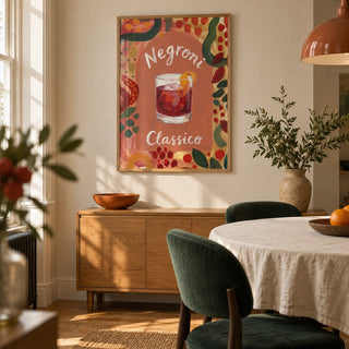Negroni Art Print, framed on the wall of a characterful dining alcove in a renovated UK terrace with warm ivory walls and oak floorboards