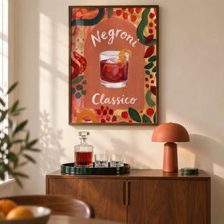 Negroni Art Print, framed on the wall of a warm modern home bar in a UK terraced house with a pale cream plaster wall in a living room