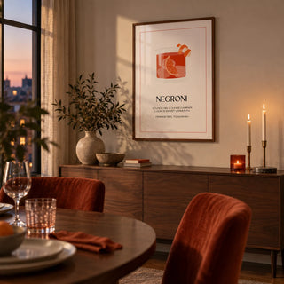 Negroni Cocktail Poster, framed on the wall of an elegant dining room at dusk