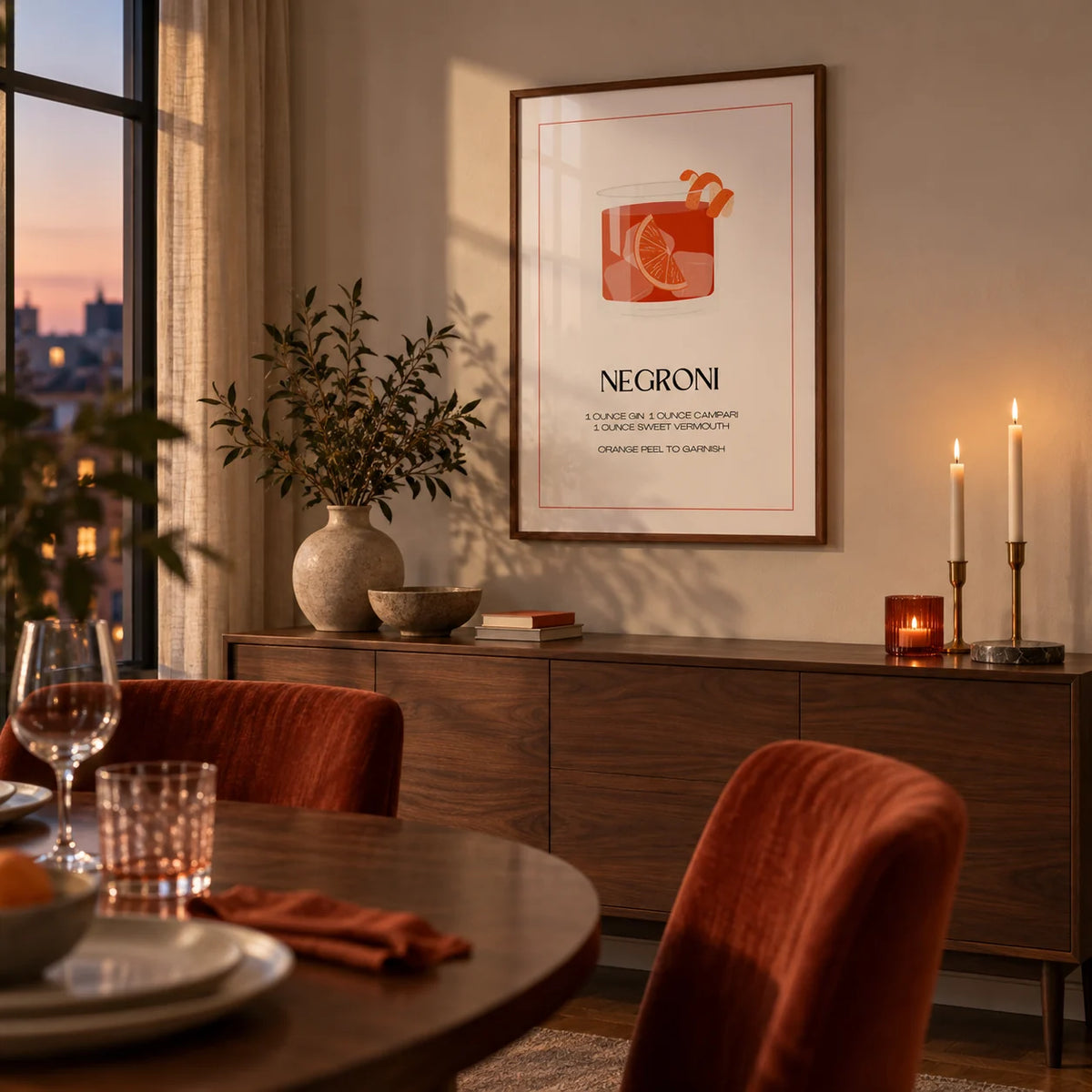 Negroni Cocktail Poster, framed on the wall of an elegant dining room at dusk