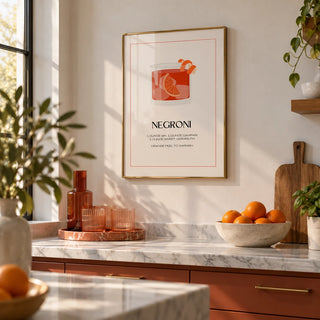 Negroni Cocktail Poster, framed on the wall of a modern kitchen