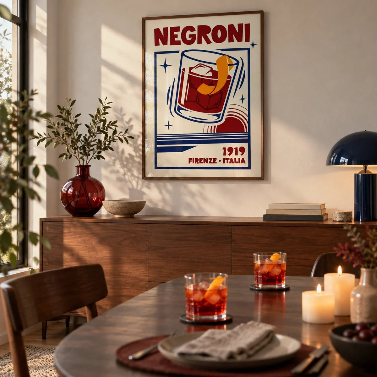 Negroni Cocktail Print, framed on the wall of a dining room set for dinner
