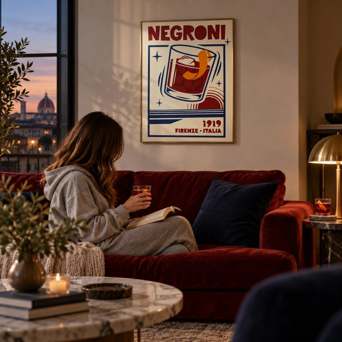Negroni Cocktail Print, framed on the wall of a elegant living room at dusk