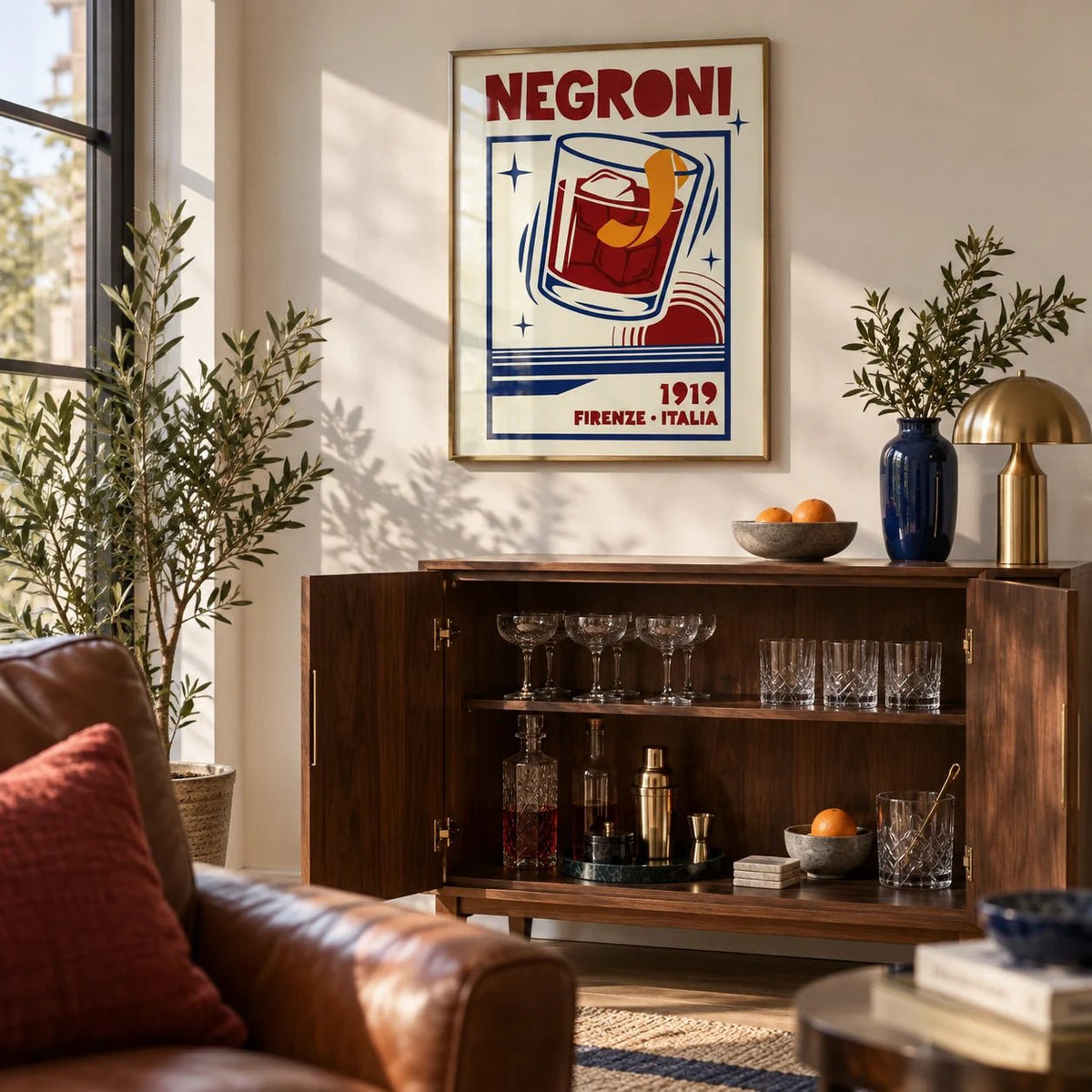 Negroni Cocktail Print, framed on the wall of a living room corner