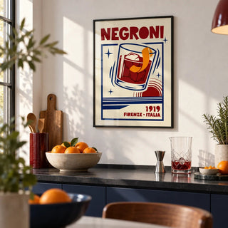 Negroni Cocktail Print, framed on the wall of a modern kitchen