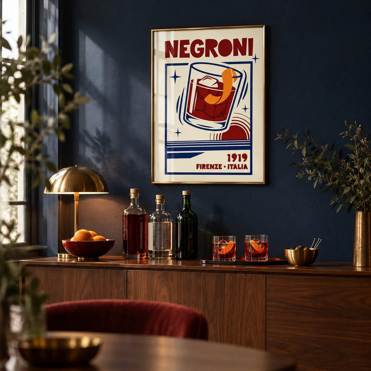 Negroni Cocktail Print, framed on the wall of a moody home bar with a deep navy wall