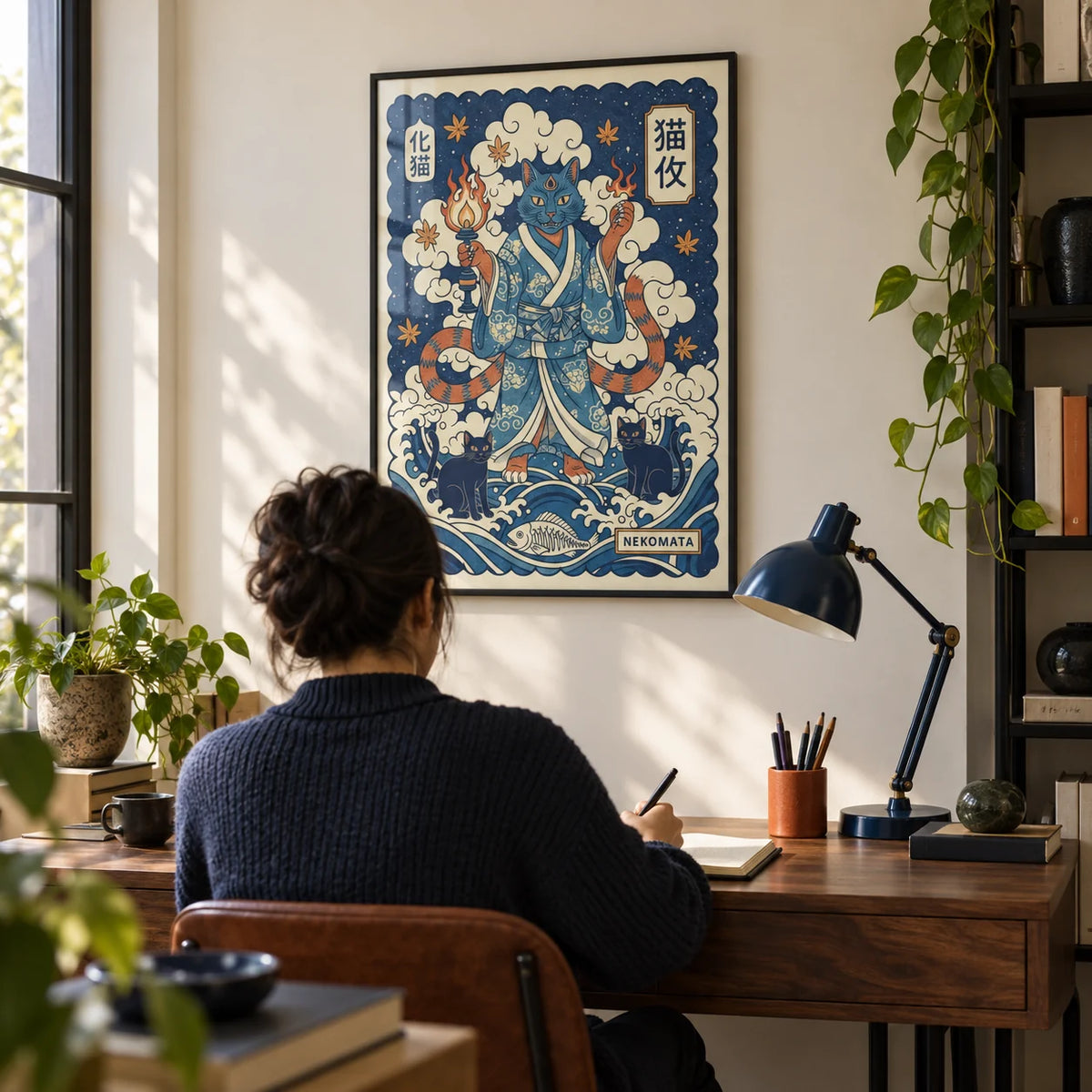 Nekomata Art, framed on the wall of a compact design-led home study with a pale cream wall and black shelving