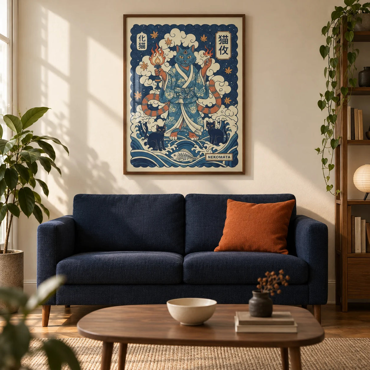 Nekomata Art, framed on the wall of a Japanese-influenced modern living room in a UK city flat with a warm cream wall and walnut floor
