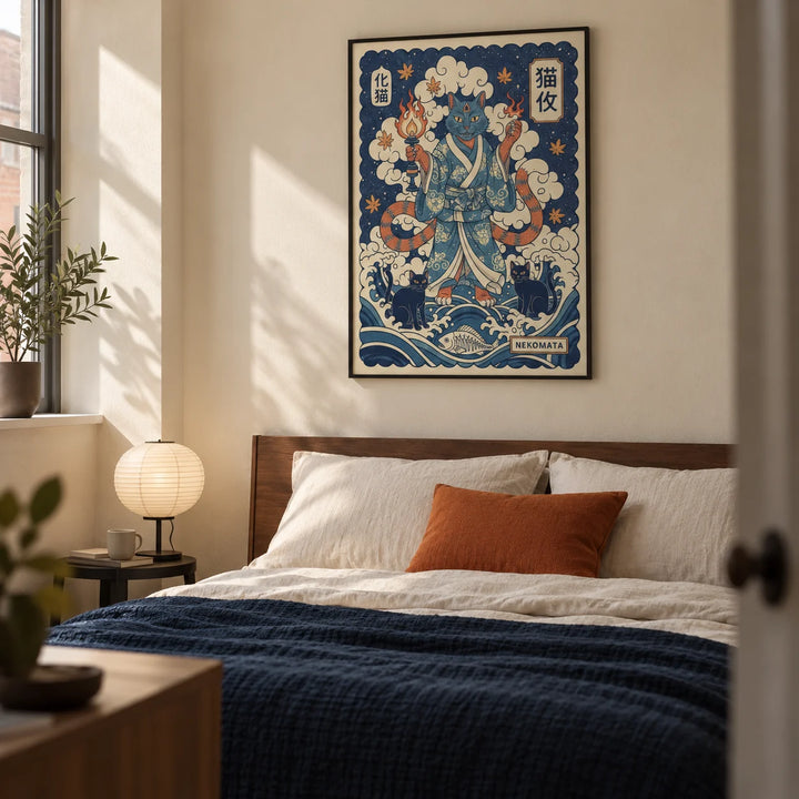 Nekomata Art, framed on the wall of a modern adult bedroom in a UK flat with a warm off-white wall