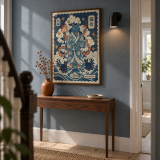 Nekomata Art, framed on the wall of a narrow hallway in a renovated UK terrace with a muted blue wall and pale timber floor