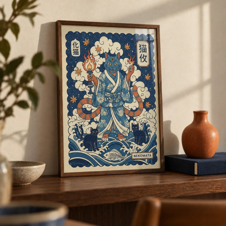 Nekomata Art, a small A4 framed print leaning on a walnut shelf in a living room