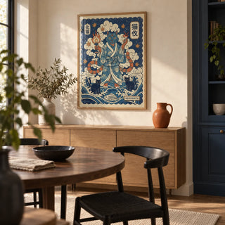 Nekomata Art, framed on the wall of a small contemporary dining room with cream plaster walls and a built-in navy storage cupboard