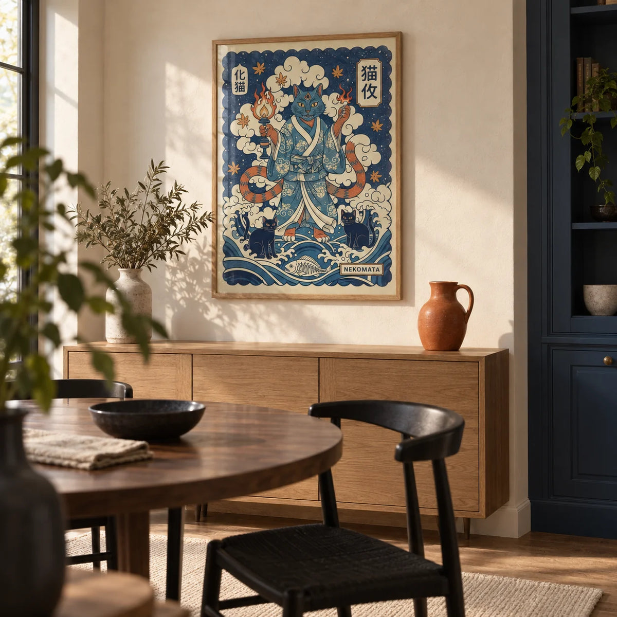 Nekomata Art, framed on the wall of a small contemporary dining room with cream plaster walls and a built-in navy storage cupboard