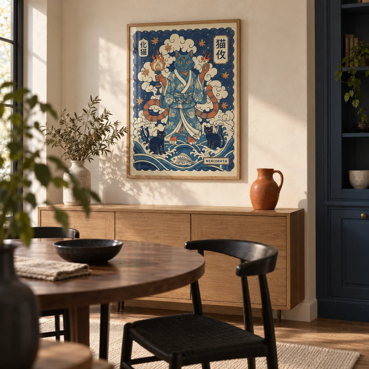 Nekomata Art, framed on the wall of a small contemporary dining room with cream plaster walls and a built-in navy storage cupboard