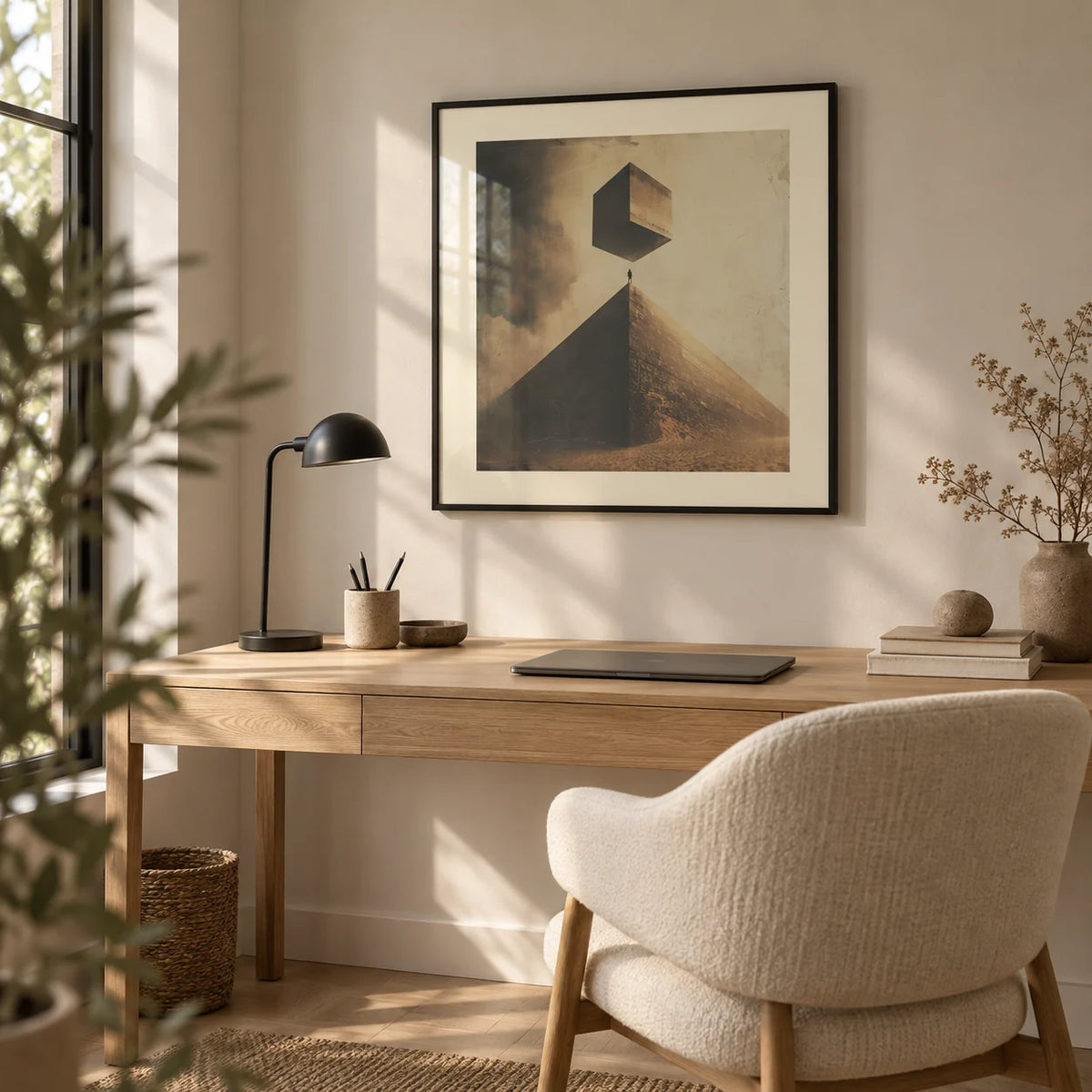 Neutral Color Wall Art, framed on the wall of a minimal home office