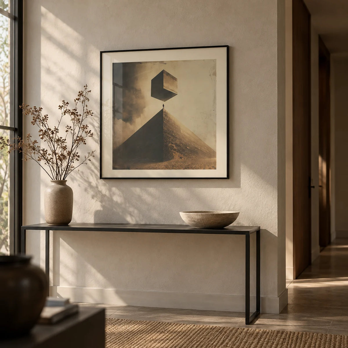 Neutral Color Wall Art, framed on the wall of a modern hallway with a plaster wall