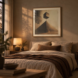 Neutral Color Wall Art, framed on the wall of a moody bedroom with a warm taupe wall