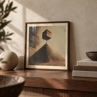 Neutral Color Wall Art, a small A4 framed print leaning on a walnut shelf in a living room