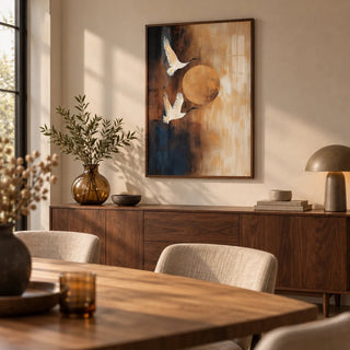 Neutral Living Room Wall Art, framed on the wall of a calm dining room