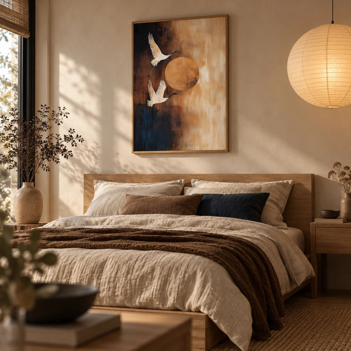 Neutral Living Room Wall Art, framed on the wall of a Japandi bedroom