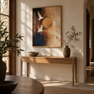 Neutral Living Room Wall Art, framed on the wall of a quiet hallway