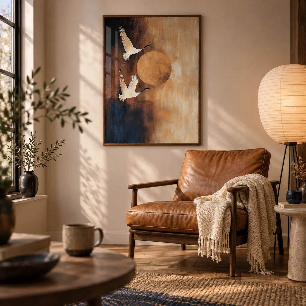 Neutral Living Room Wall Art, framed on the wall of a reading corner
