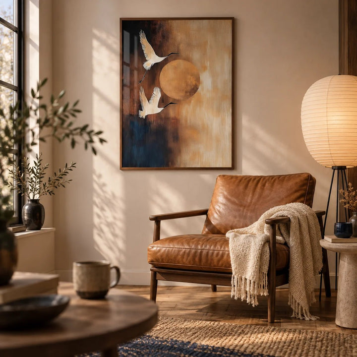 Neutral Living Room Wall Art, framed on the wall of a reading corner