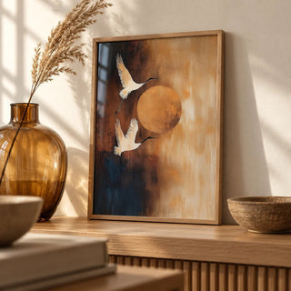 Neutral Living Room Wall Art, a small A4 framed print leaning on an oak shelf
