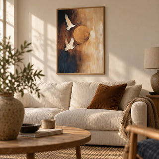 Neutral Living Room Wall Art, framed on the wall of a warm calm living room