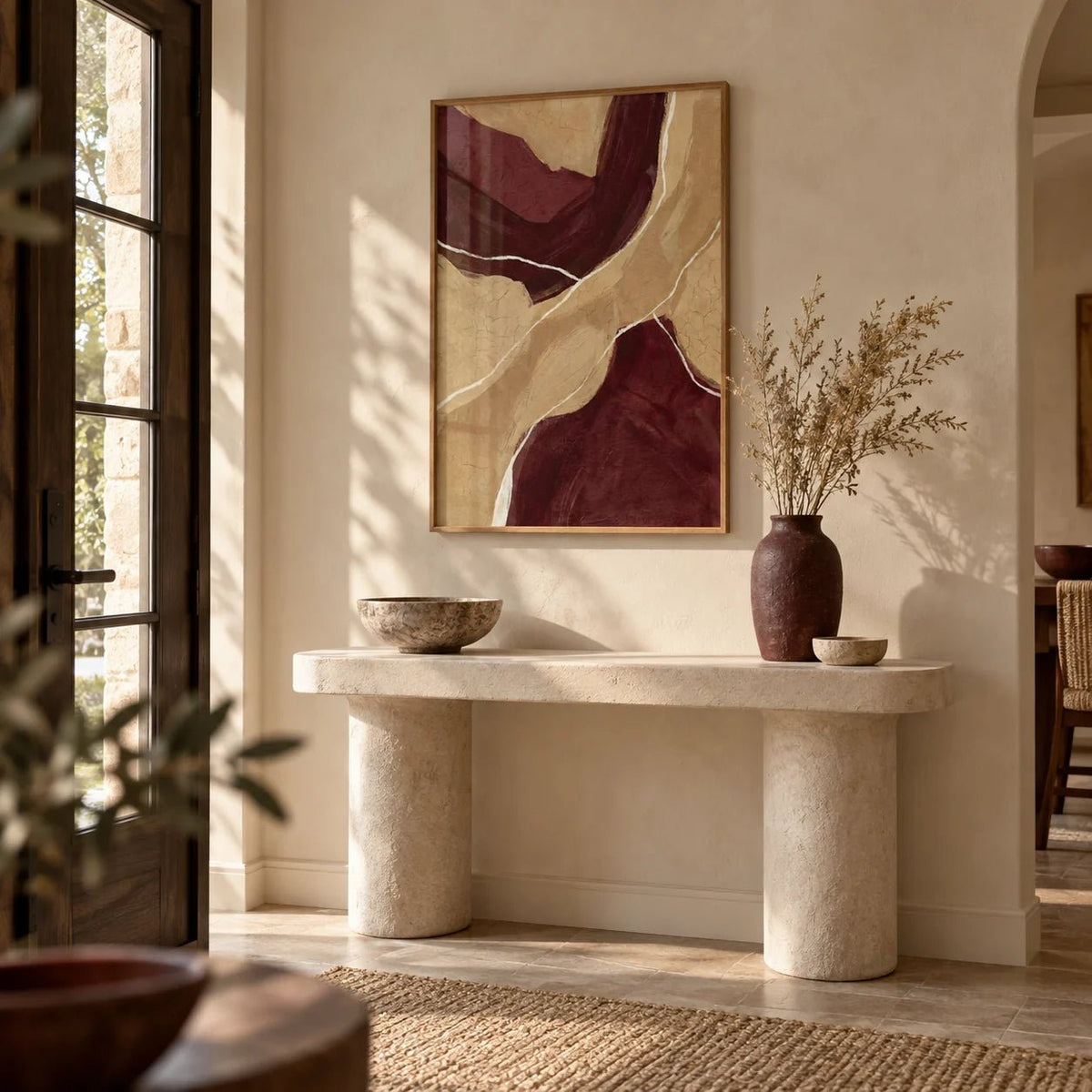 Neutral Organic Abstract Art, framed on the wall of a calm entryway
