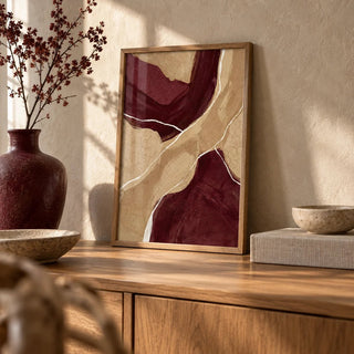 Neutral Organic Abstract Art, a small A4 framed print leaning on an oak sideboard in a living room