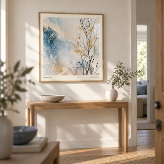 Neutral Prints, framed on the wall of a calm hallway with a soft white wall