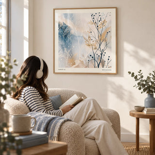 Neutral Prints, framed on the wall of a peaceful reading corner with a warm white wall in a living room