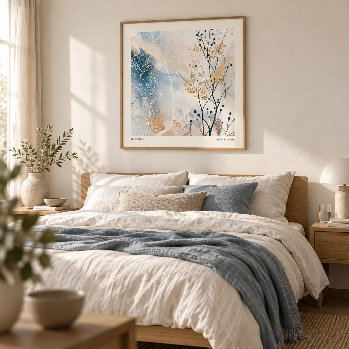 Neutral Prints, framed on the wall of a serene bedroom with a warm white wall