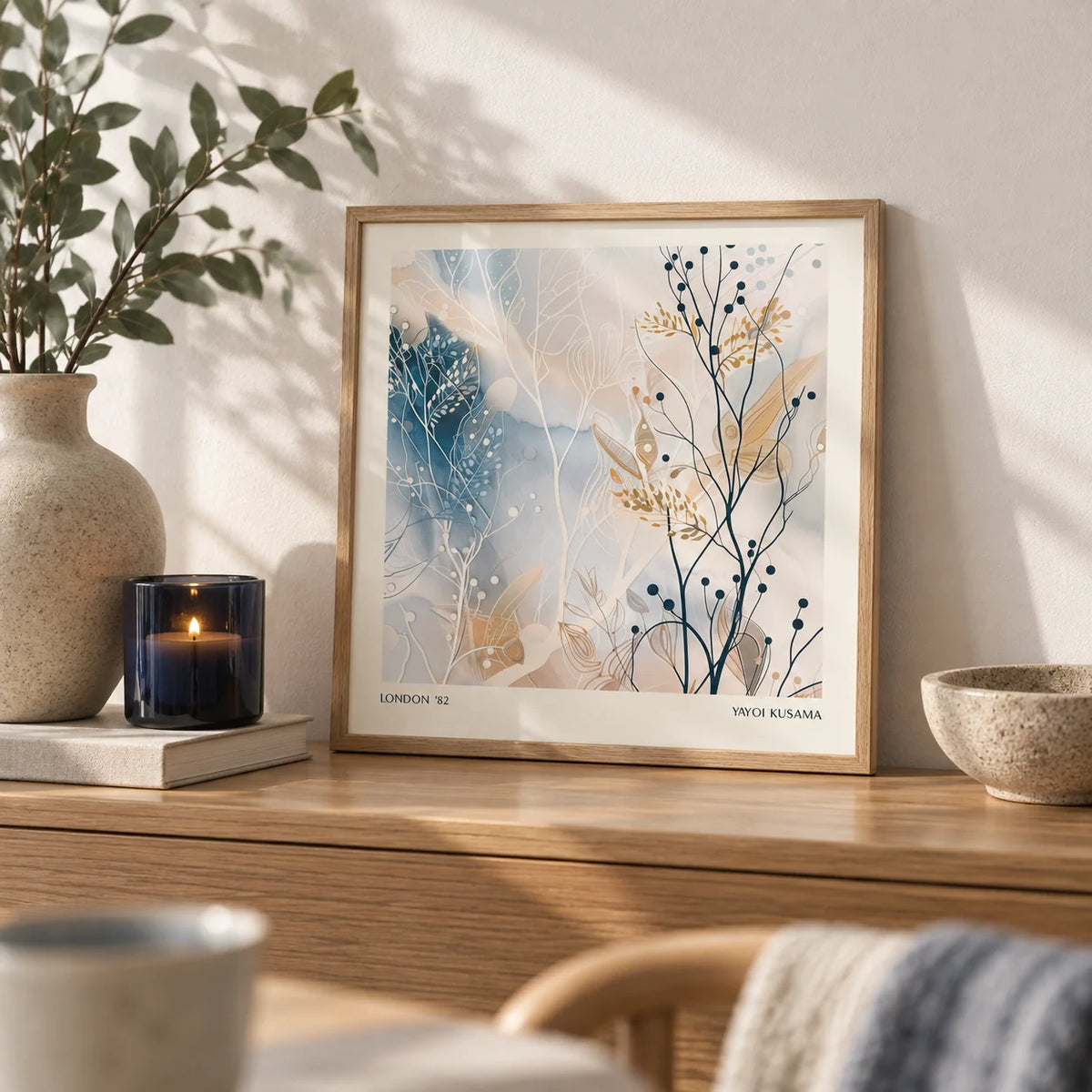 Neutral Prints, a small A4 framed print leaning on an oak shelf in a living room
