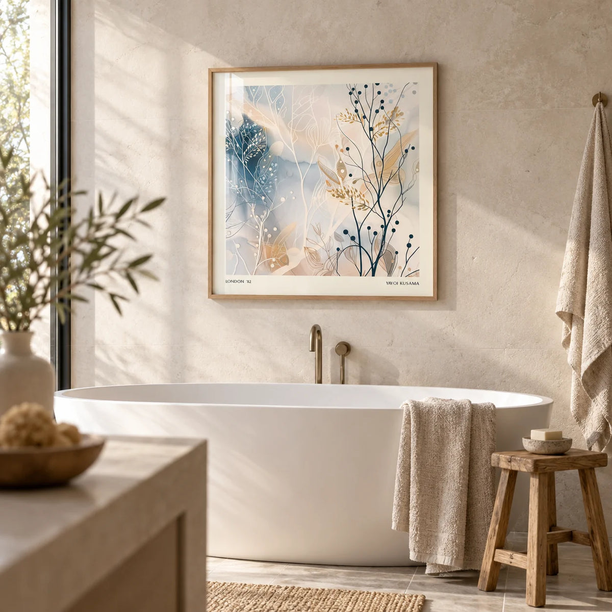 Neutral Prints, framed on the wall of a spa-like bathroom with a pale stone wall