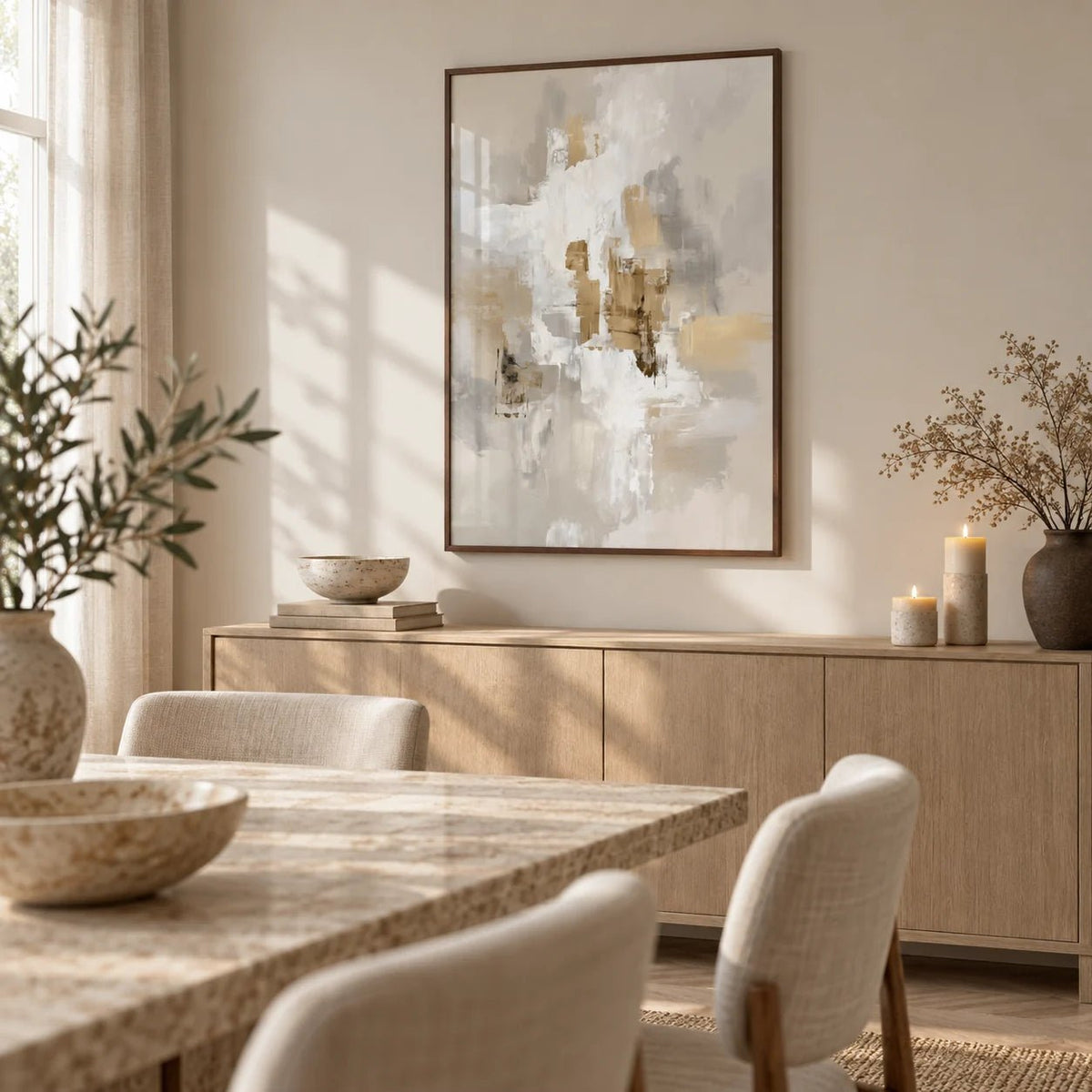 Neutral Tones Art, framed on the wall of a calm dining room