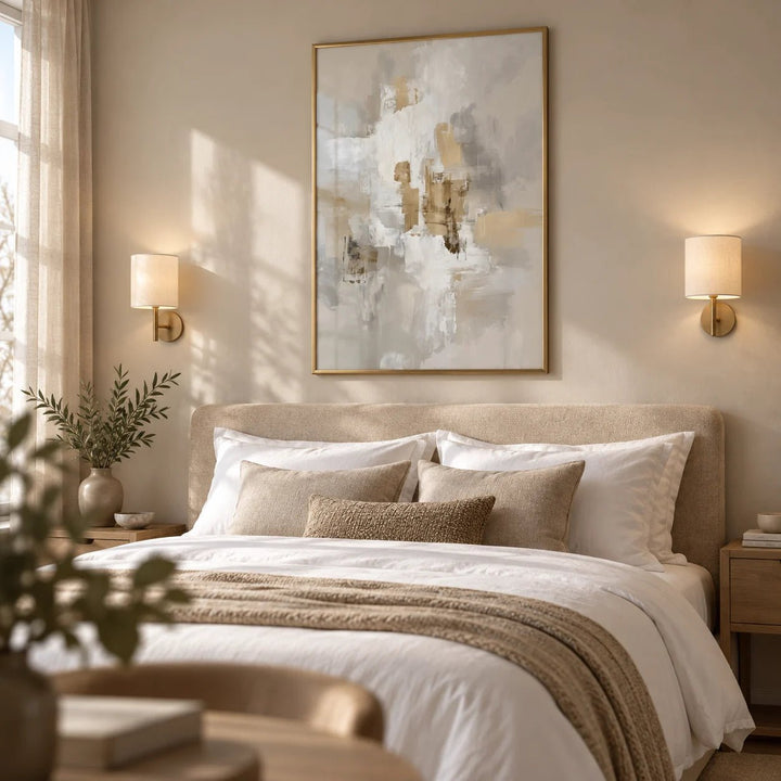 Neutral Tones Art, framed on the wall of a neutral boutique hotel bedroom