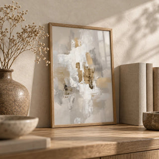 Neutral Tones Art, a small A4 framed print leaning on an oak shelf in a living room