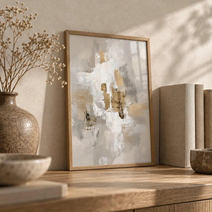 Neutral Tones Art, a small A4 framed print leaning on an oak shelf in a living room