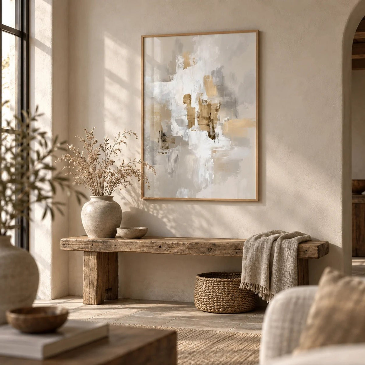 Neutral Tones Art, framed on the wall of a wabi-sabi living room corner