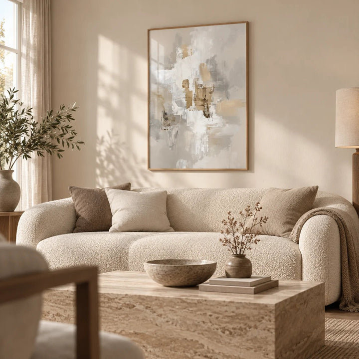Neutral Tones Art, framed on the wall of a warm neutral living room