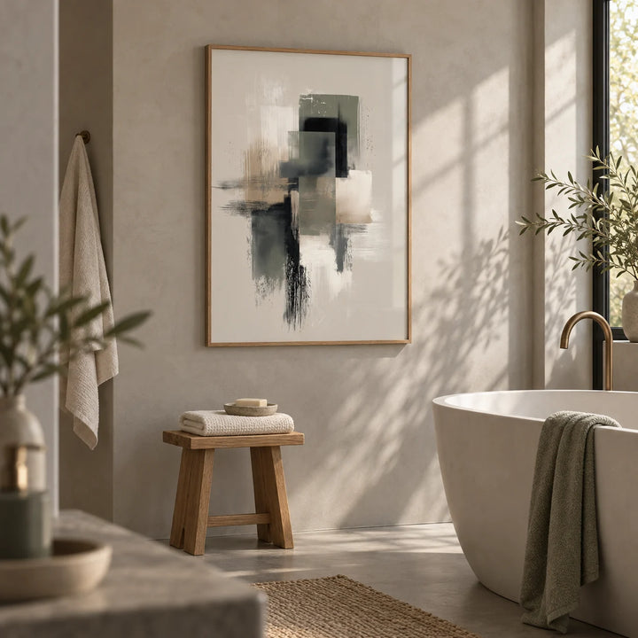 Neutral Wabi Sabi Wall Art, framed on the wall of a calm spa bathroom with warm grey microcement walls