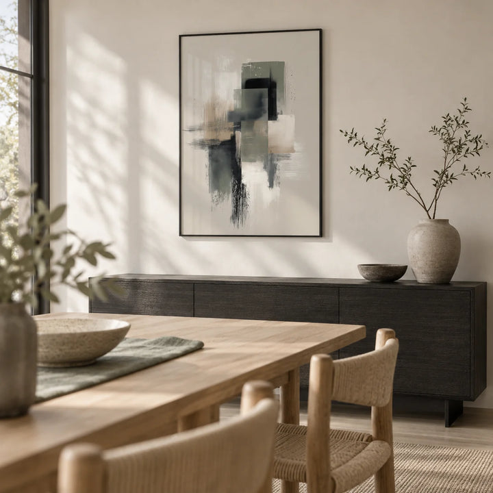 Neutral Wabi Sabi Wall Art, framed on the wall of a Japandi dining room with a soft white wall