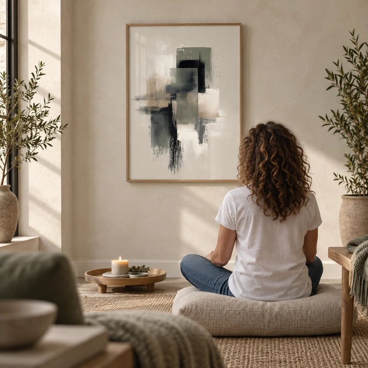 Neutral Wabi Sabi Wall Art, framed on the wall of a quiet meditation nook with a limewashed wall in a living room