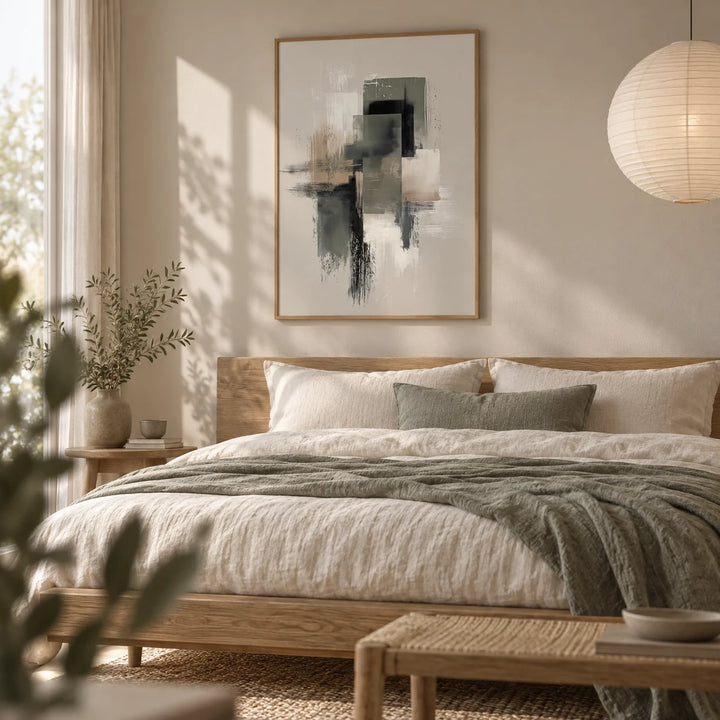 Neutral Wabi Sabi Wall Art, framed on the wall of a serene bedroom with a pale greige wall