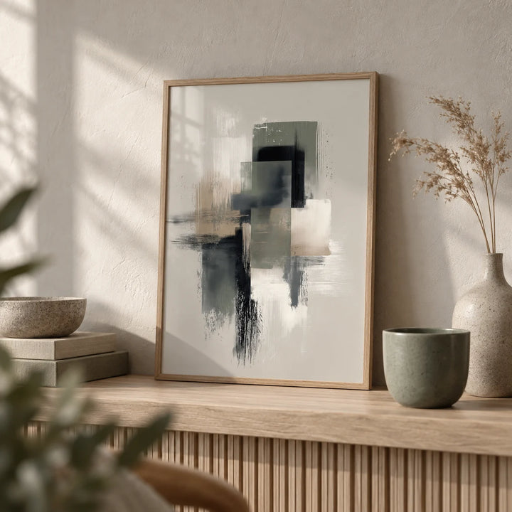Neutral Wabi Sabi Wall Art, a small A4 framed print leaning on a pale oak shelf in a living room