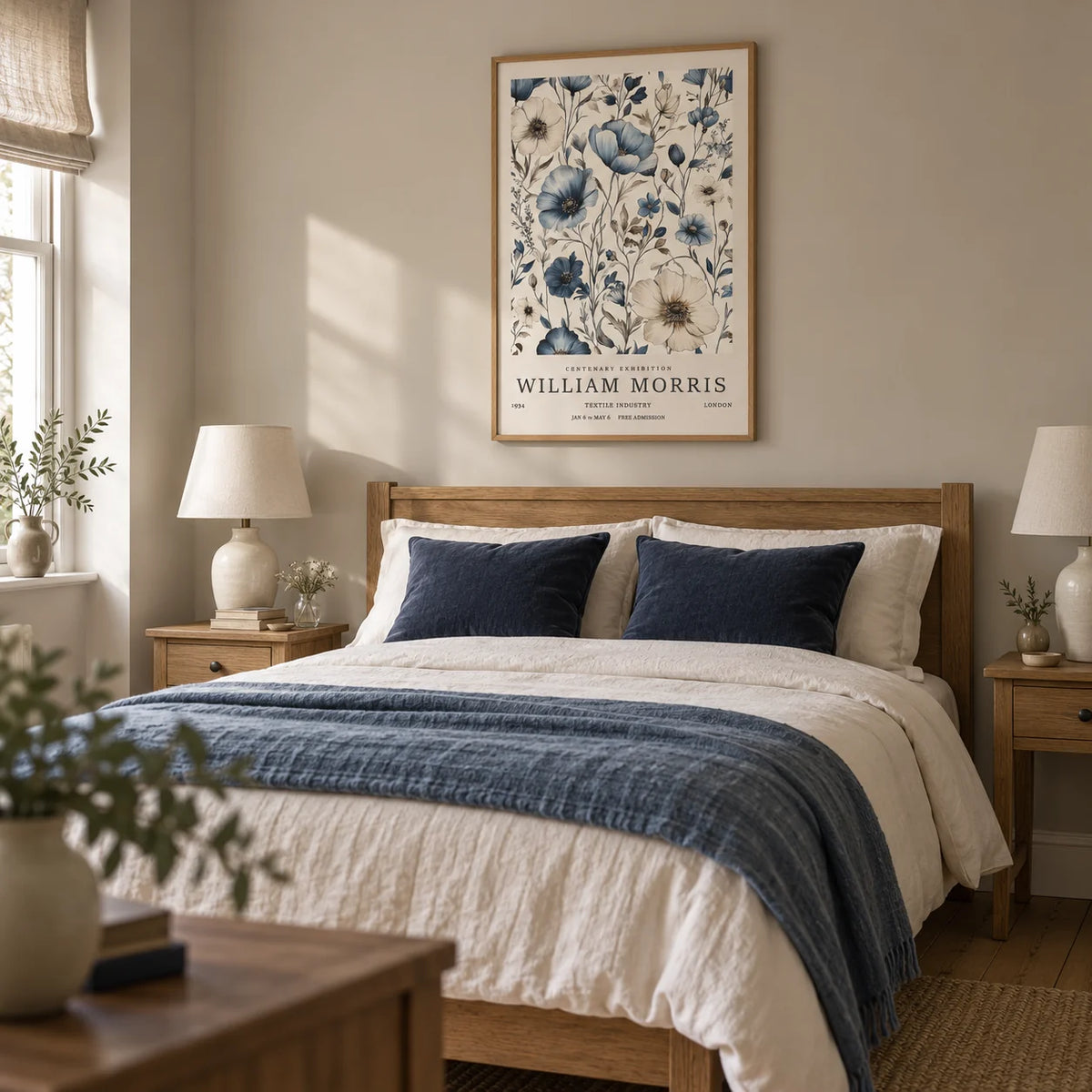 Neutral Wall Art for Living Room, framed on the wall of a calm main bedroom in a UK period home with a pale warm greige wall and natural wood floorboards