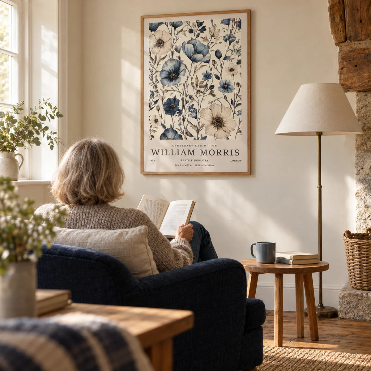 Neutral Wall Art for Living Room, framed on the wall of a quiet reading corner in a mature couple's cottage with a warm ivory wall and exposed timber floorboards