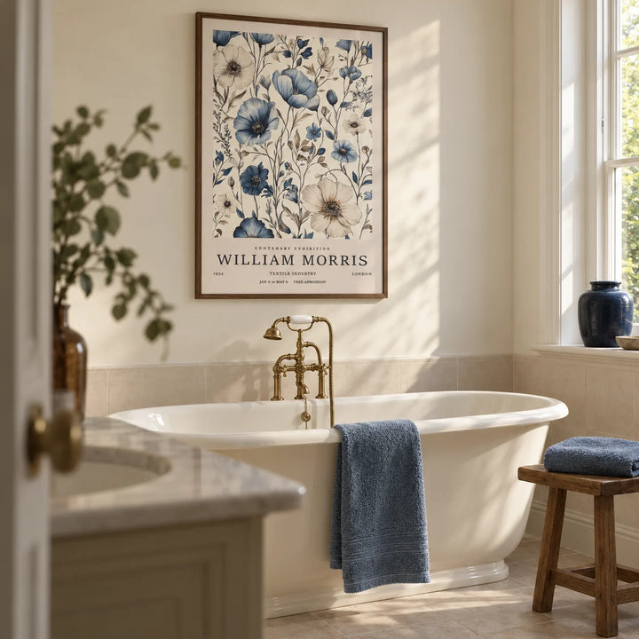 Neutral Wall Art for Living Room, framed on the wall of a restful bathroom in a renovated Edwardian house with warm ivory walls